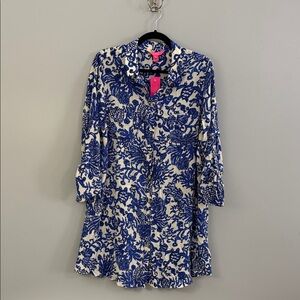 Womens Lilly Pulitzer Blue & White Floral Beach Coverup Dress- Large